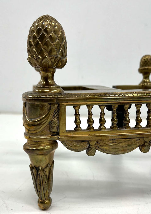 Antique Federal Revival Brass Andirons Fire Dogs Pineapple Finial Pair