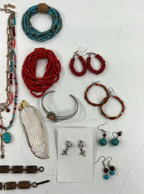 Lot 14pc Southwestern Style Jewelry Faux Turquoise Coral Cross Feather Horses