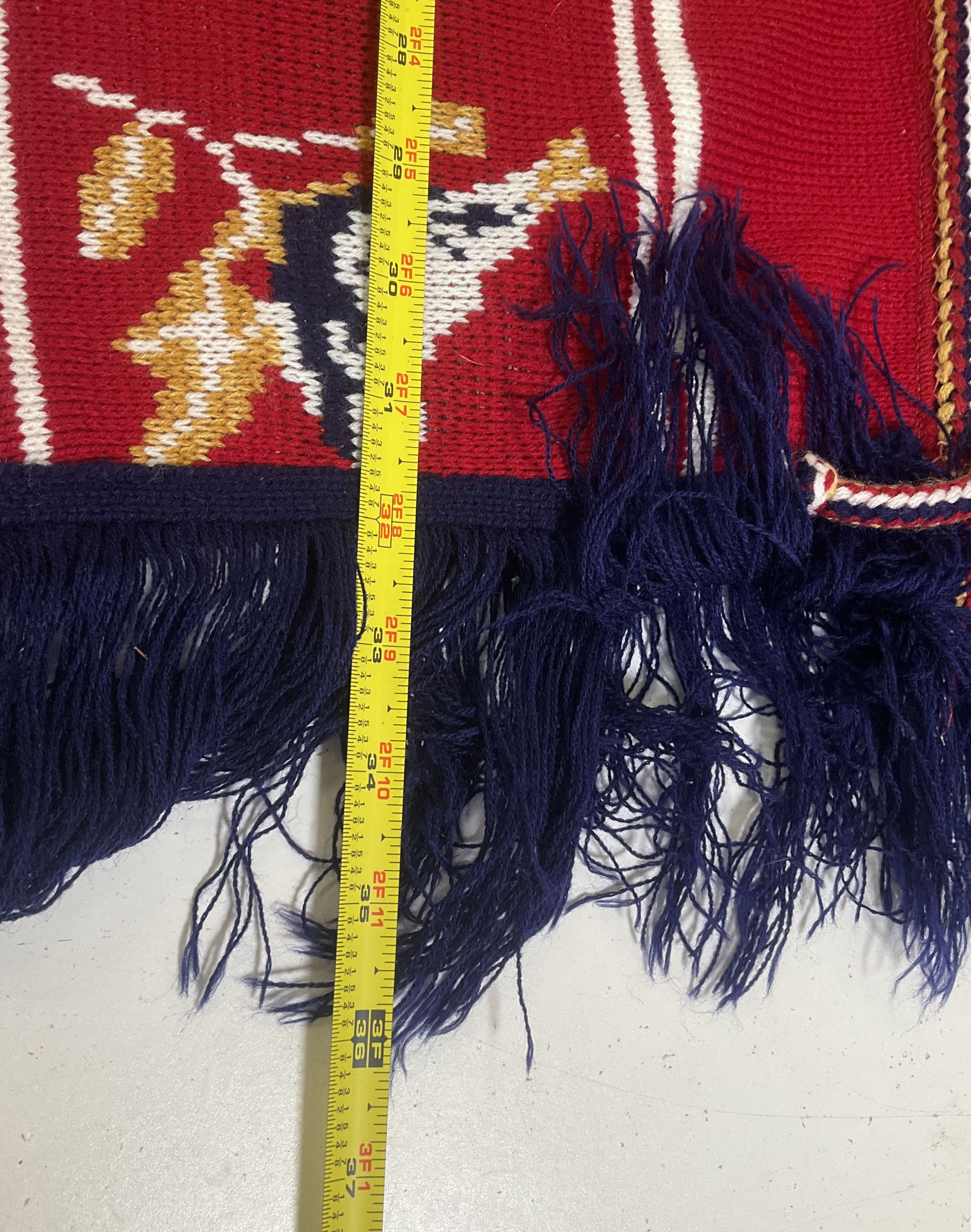 Vintage 70s Knit Poncho Red Bird Fringe Shawl Cape Boho Hippie Folk Art One Size