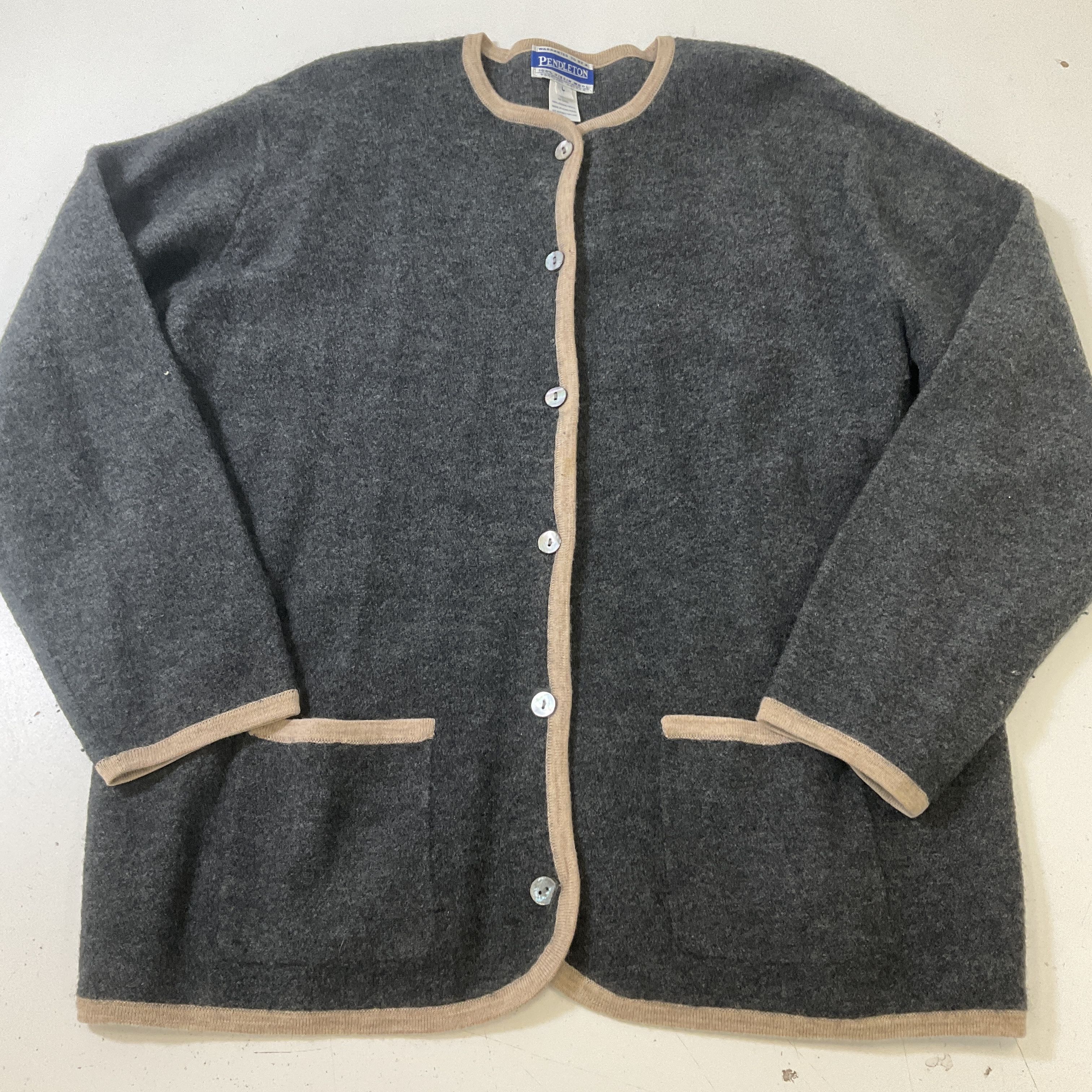 Pendleton Women's Gray Wool Cardigan Sweater Beige Trim Size L Vintage 90s READ