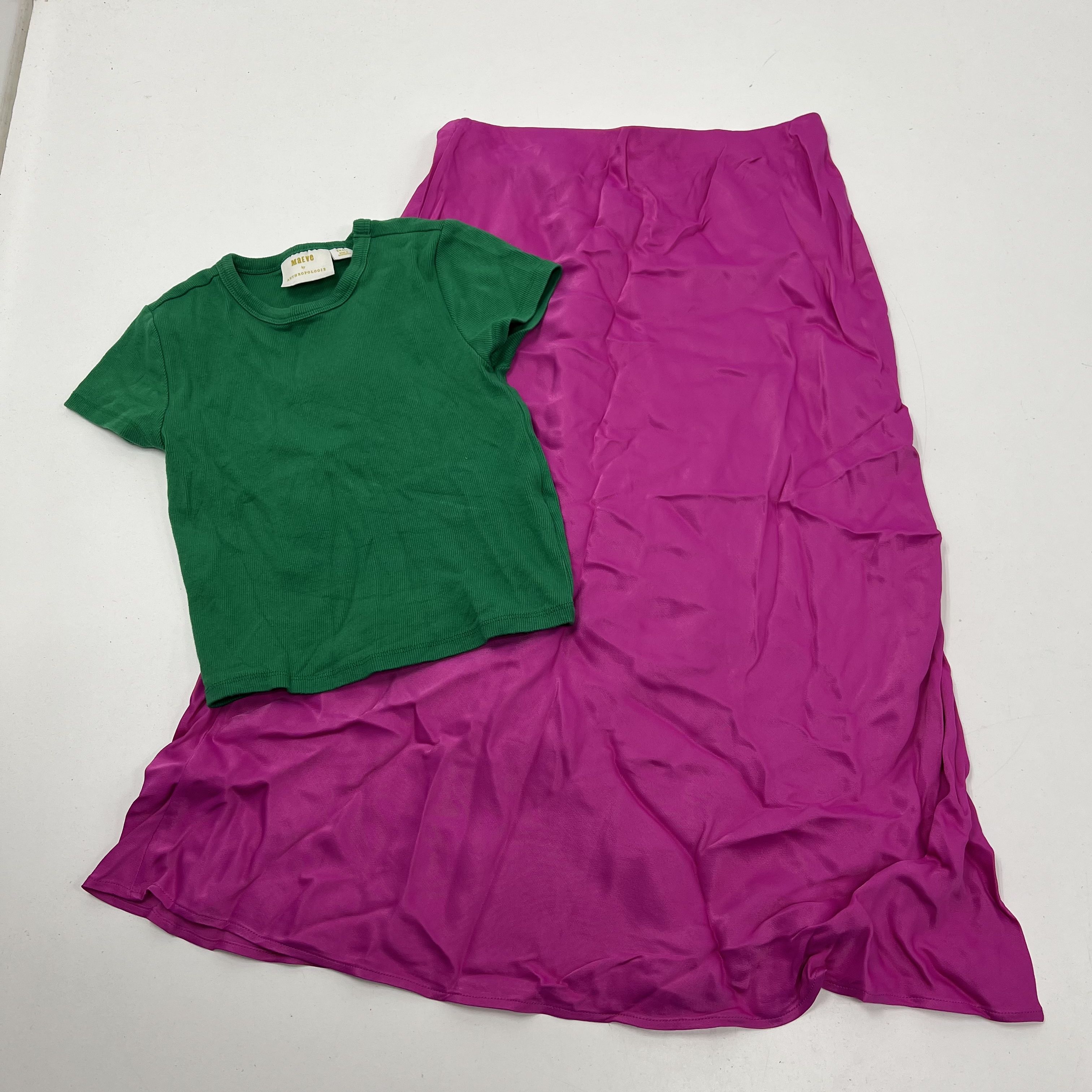 Anthropologie Maeve Green Ribbed T-Shirt Magenta Skirt Set Women's Small