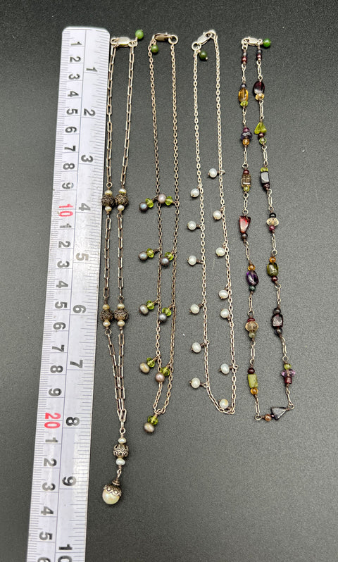 Lot of 4 Sterling Silver 925 Beaded Pearl Gemstone Chain Necklaces