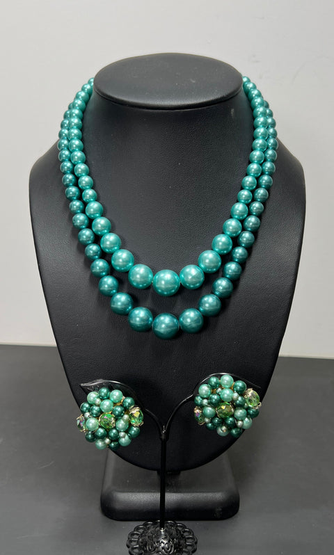 Vintage Lot 4pc Mid-Century Teal Blue Costume Jewelry Necklaces Clip On Earrings