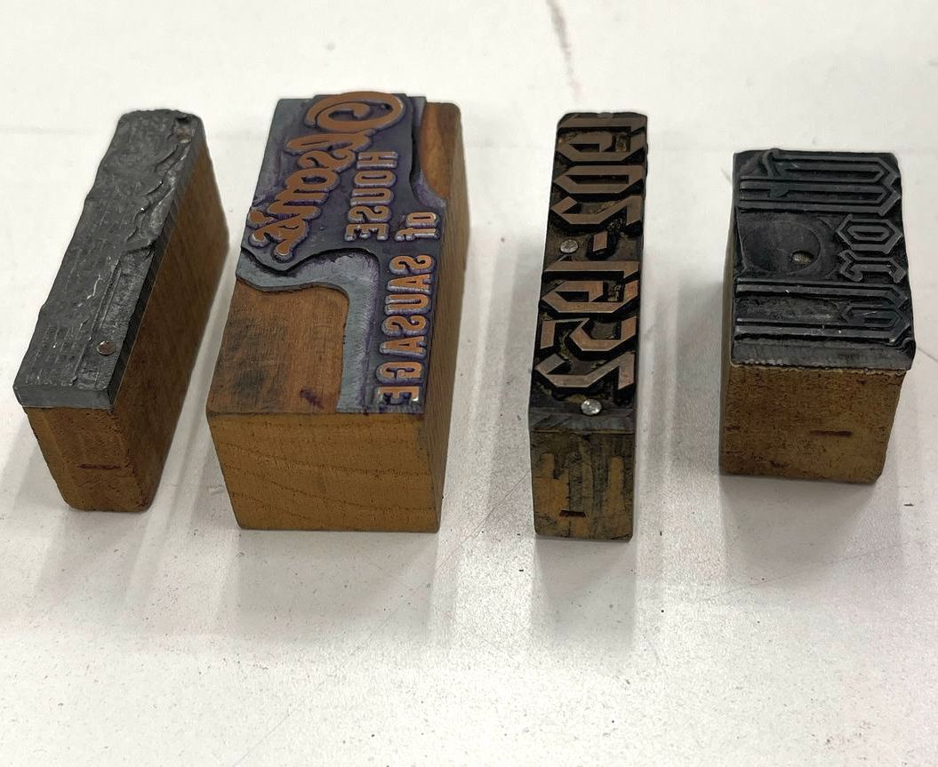 Vintage Wooden Print Stamp Blocks Lot "World 1902-1952 Olson's House of Sausage"