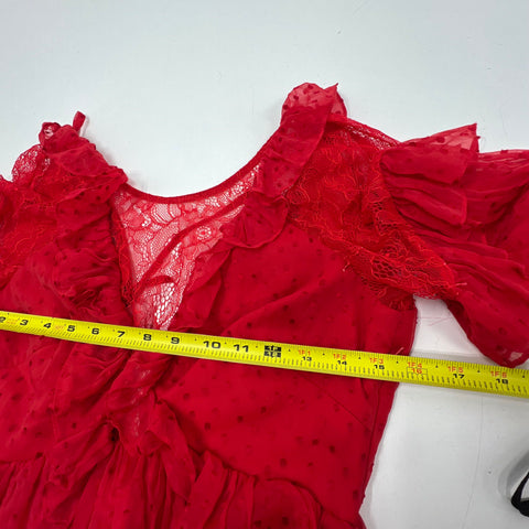 Free People Daliah Red Swiss Dot Lace Ruffle Long Sleeve Mini Dress Women's