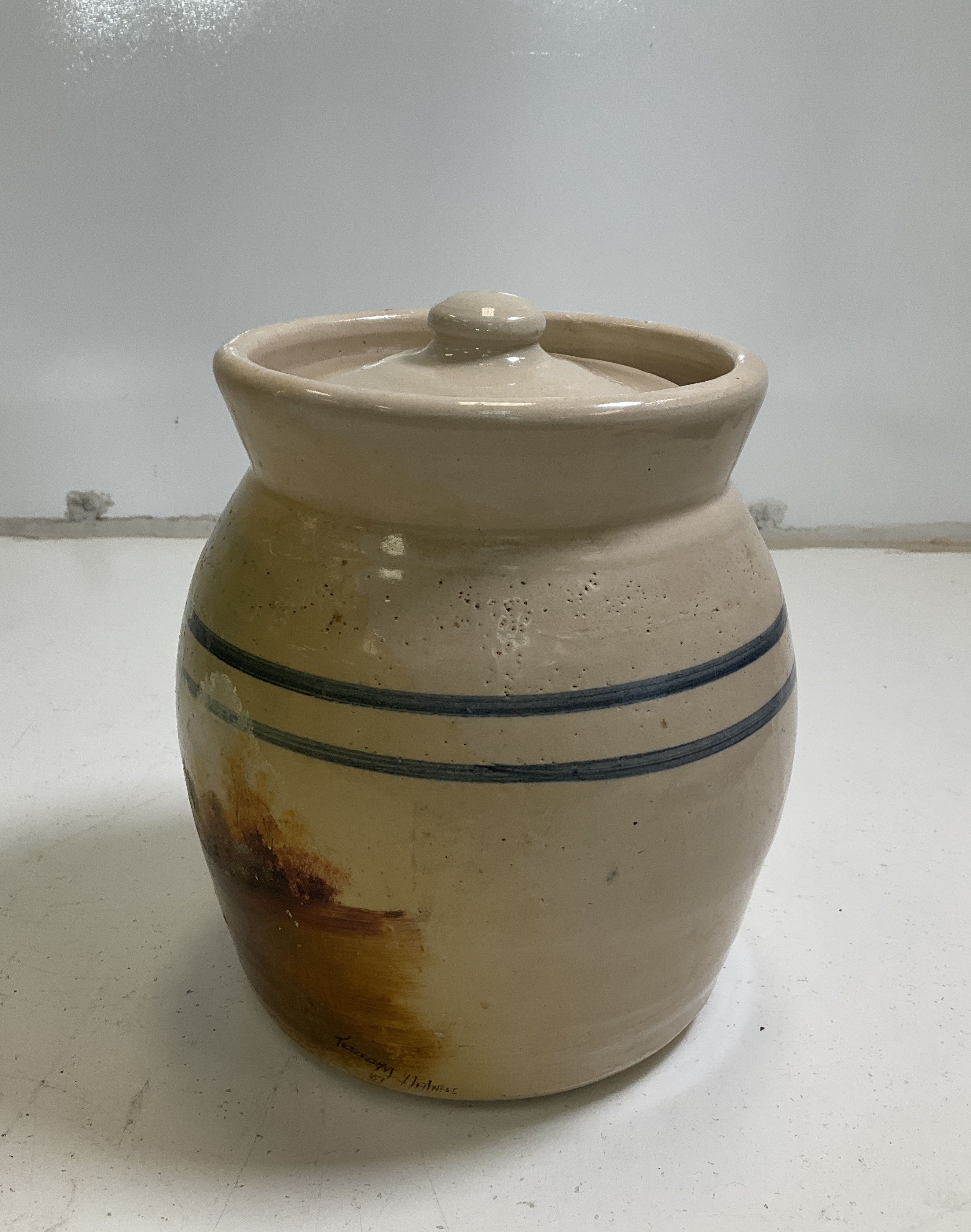Vintage Signed Hatness Hand Painted Barn Canister Crock Jar 1987 9 Inch