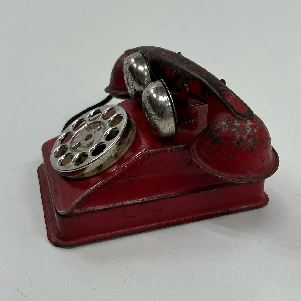 Collectible Vintage Children's Red Painted Metal Rotary Telephone Toy