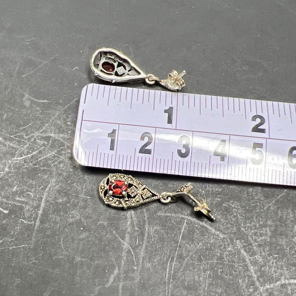 Sterling Silver Garnet & Marcasite Dangle Earrings 3.05g