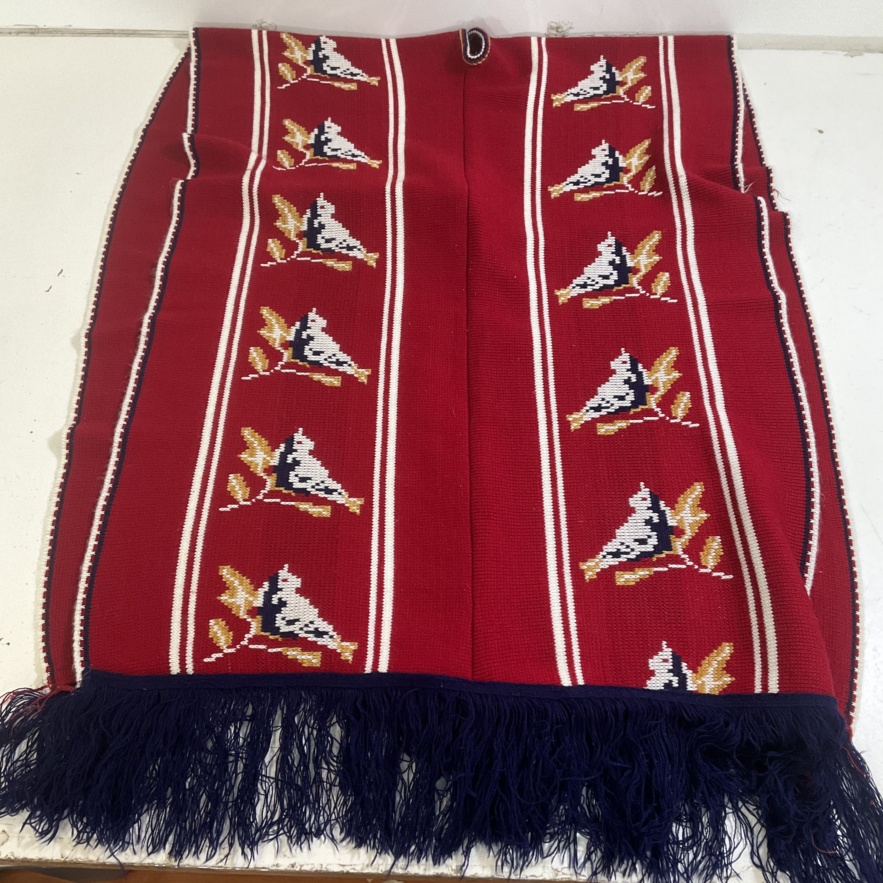 Vintage 70s Knit Poncho Red Bird Fringe Shawl Cape Boho Hippie Folk Art One Size