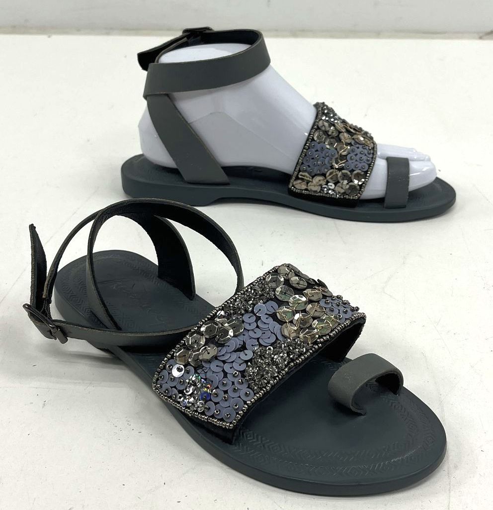 Free People Grey Beaded Sequin Ankle Strap Toe Loop Flat Sandals Size EU 37 US 7