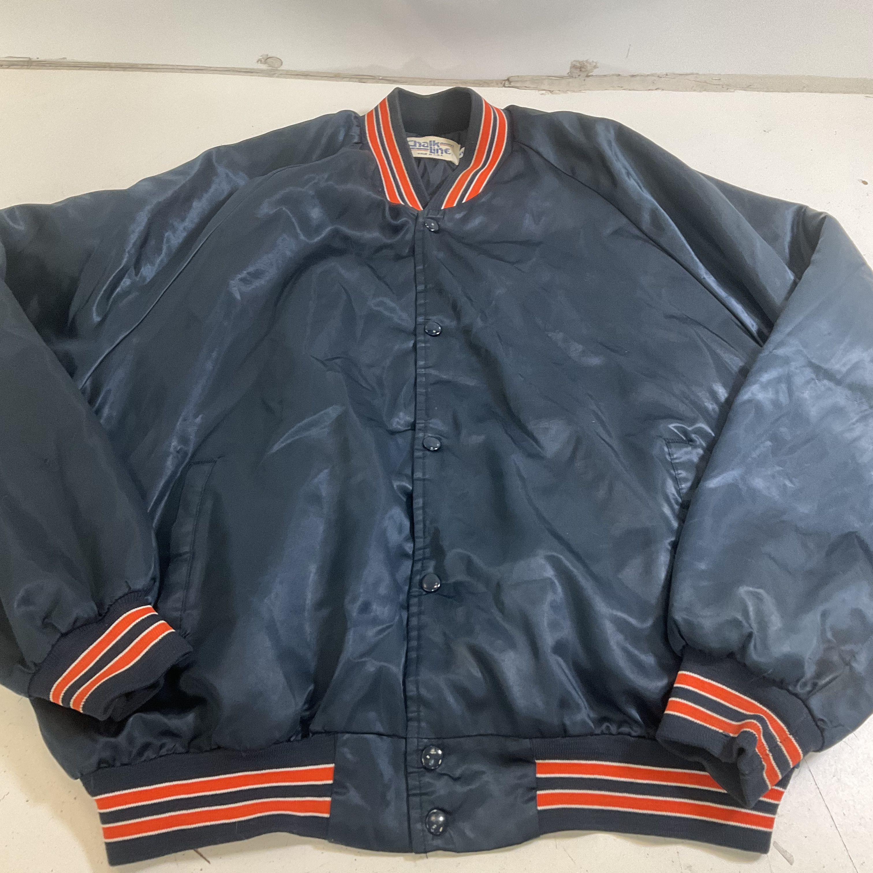 Chalk Line Men's Blue Satin Bomber Jacket Size XXL Vintage Chicago Bears Colors