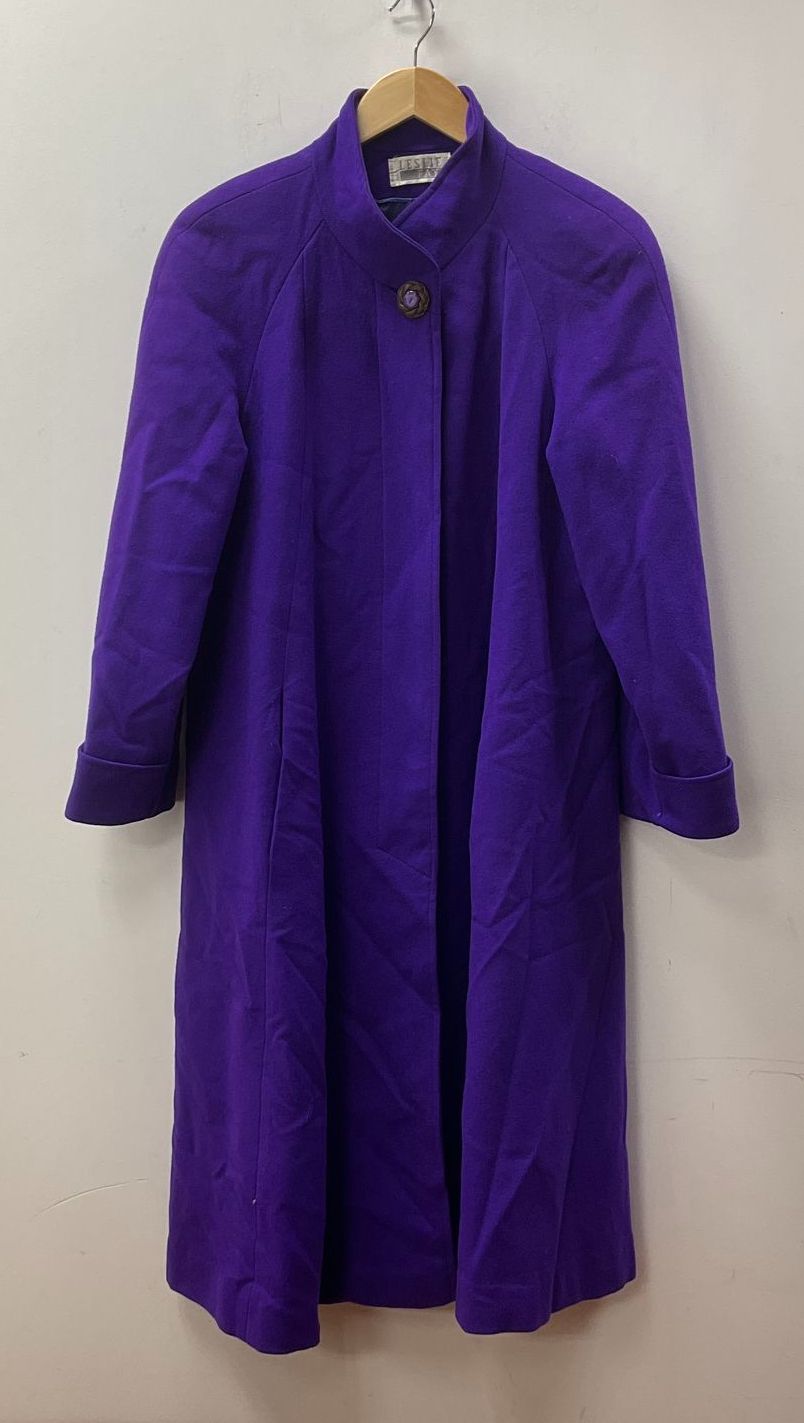 Vintage 80s Leslie Fay 100% Wool Coat Made in USA Purple Funnel Neck Size 4