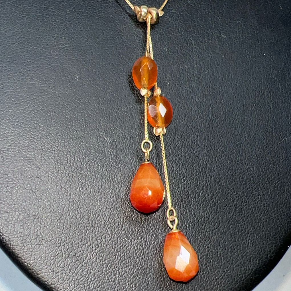 14K Yellow Gold Orange Beaded Y Drop Necklace 7.55g