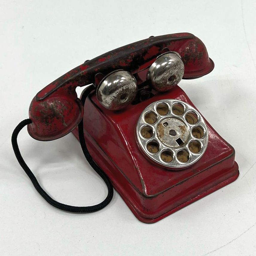 Collectible Vintage Children's Red Painted Metal Rotary Telephone Toy