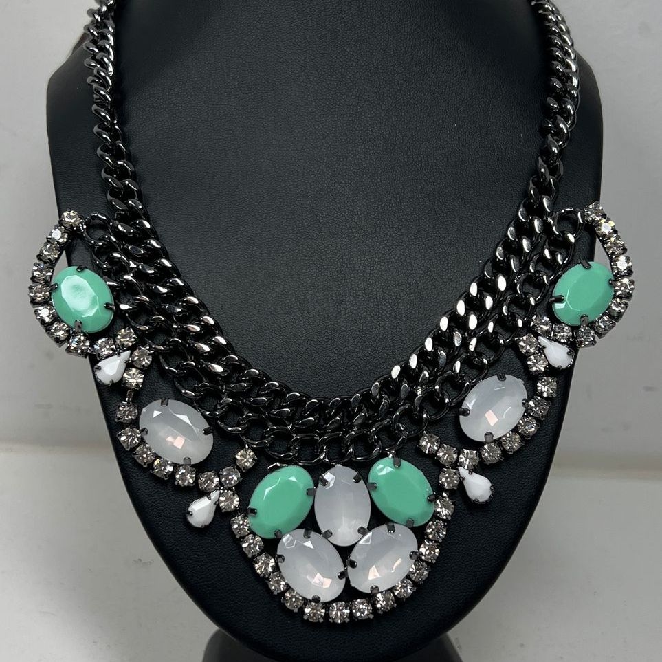 Premier Designs White and Blue Tone Jeweled Statement Necklace NWT