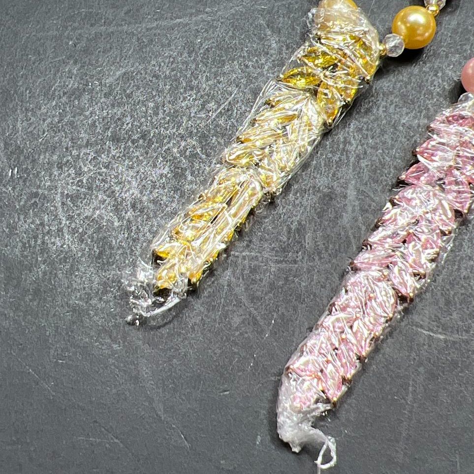 2 Pink & Yellow CZ Shell Pearl White Mystic Color Glass Necklaces NIB