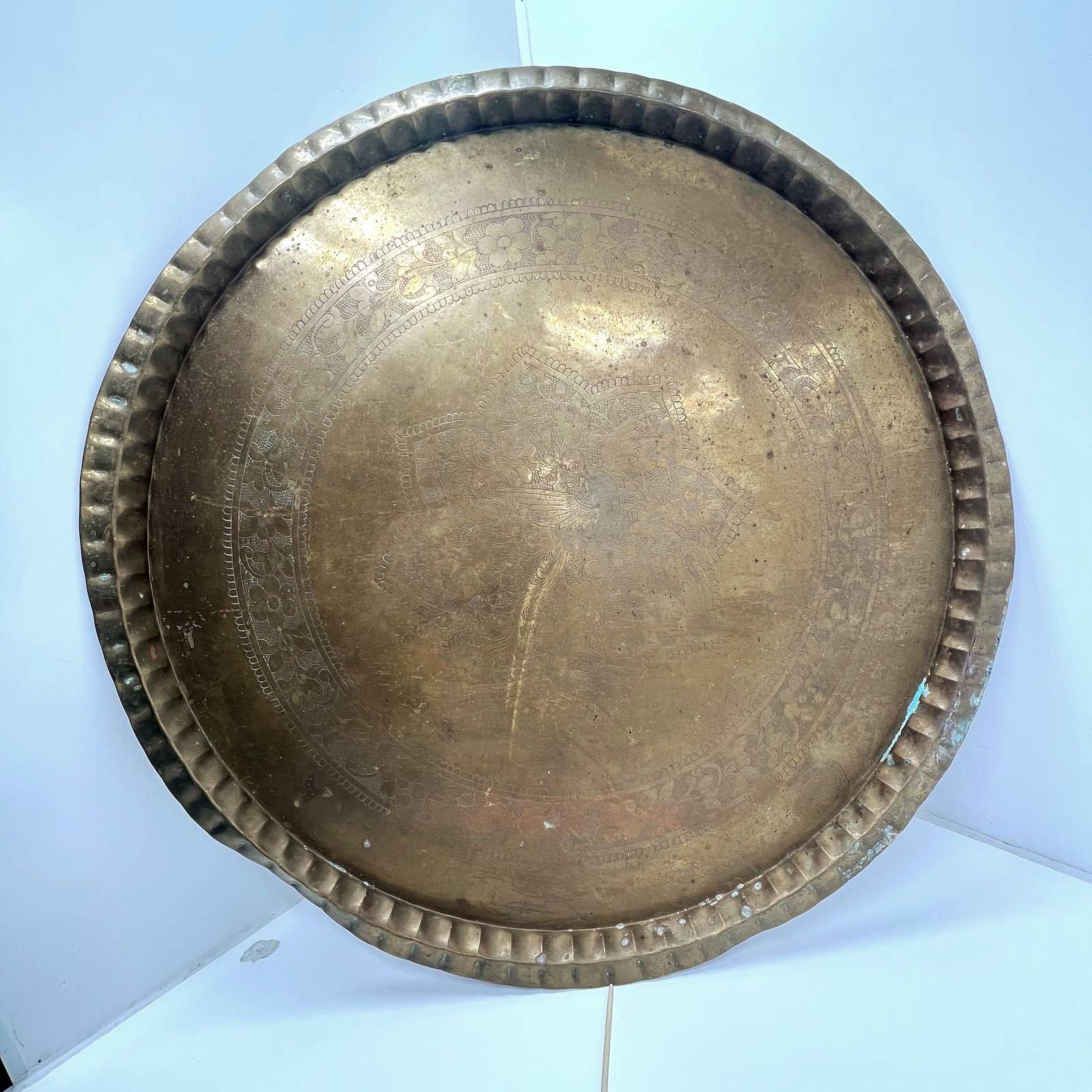 Vintage Large Brass Moroccan Indian Style Tray Table Top Embossed Floral 35.5"