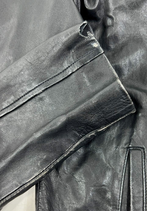 Vintage 70s Black Leather Zip Up Moto Car Coat Jacket Men's L