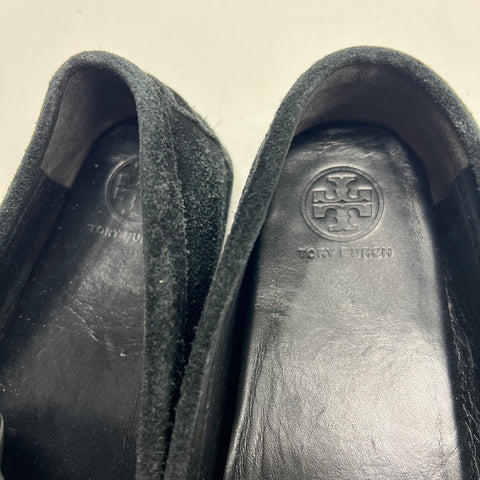 Tory Burch Howell Court Black Suede Gold Logo Driving Loafers Women's Size 7