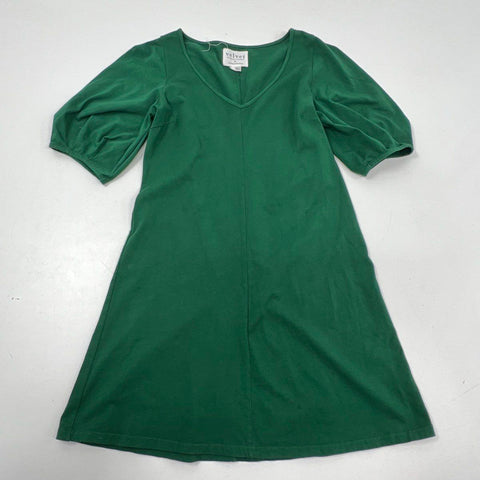 Velvet Anthropologie Green Cotton V-Neck Puff Sleeve A-Line Dress Women's M