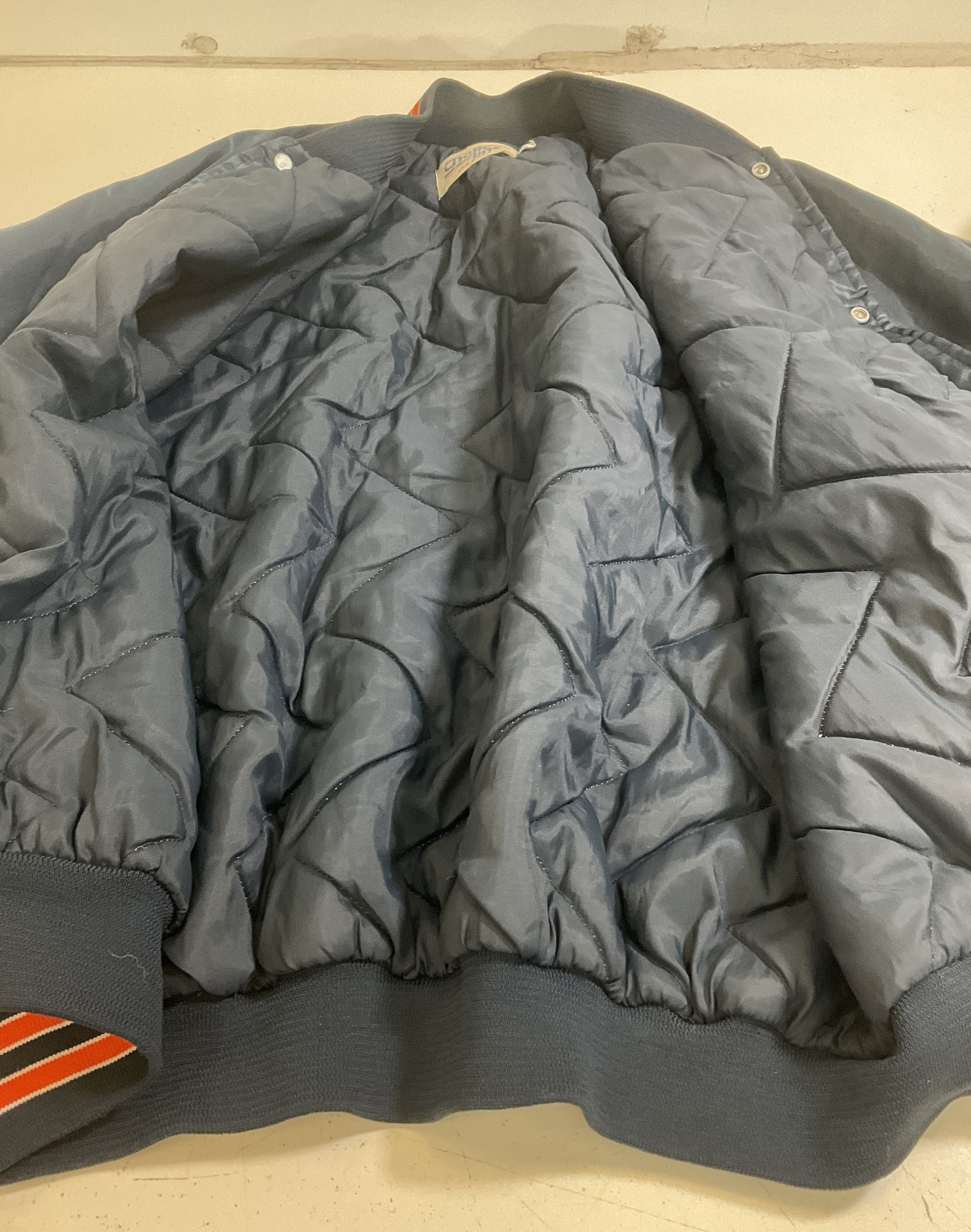 Chalk Line Men's Blue Satin Bomber Jacket Size XXL Vintage Chicago Bears Colors