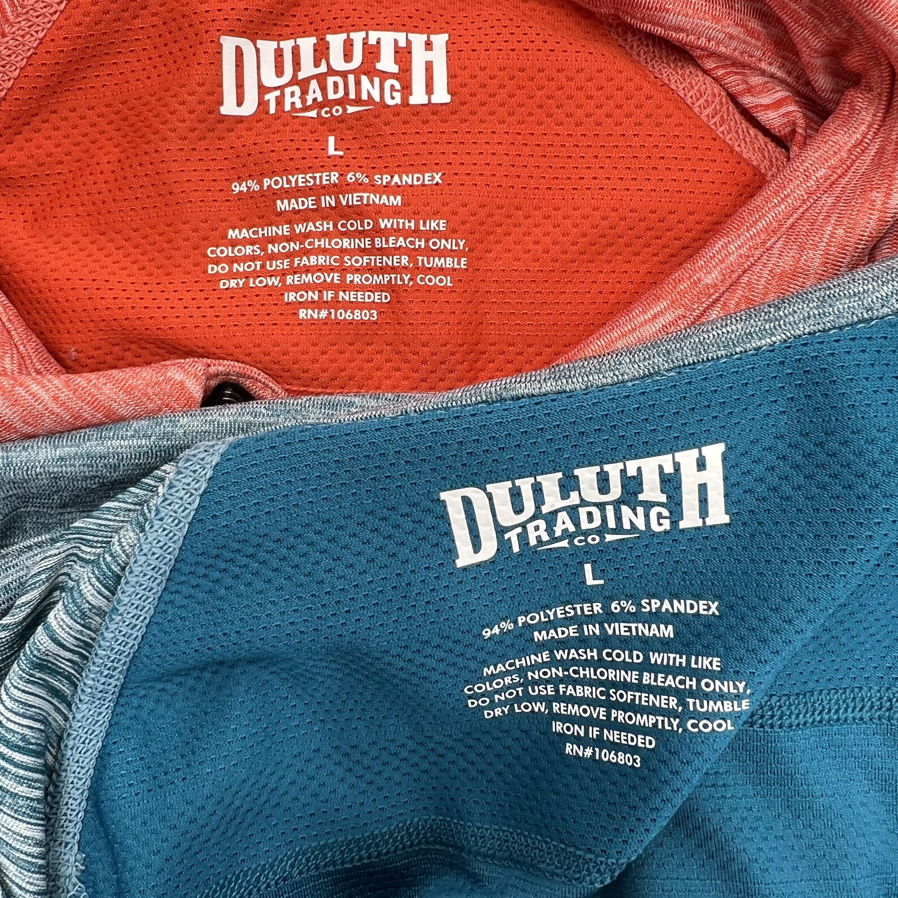 Two Duluth Mens Blue Orange Heather Polo Short Sleeve Performance Shirts LG