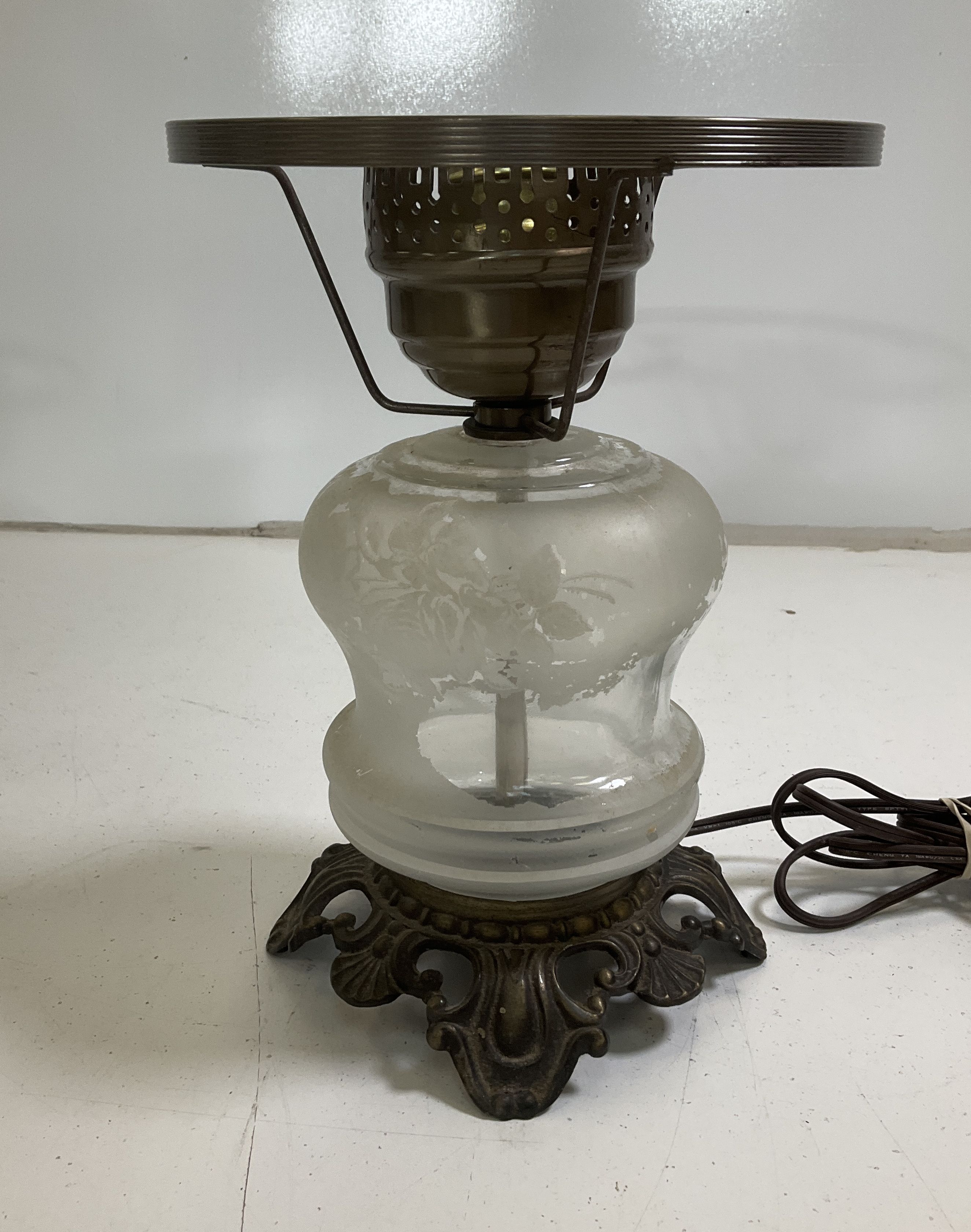 Vintage Pair Victorian Revival Table Lamps Frosted Etched Glass Rococo Style