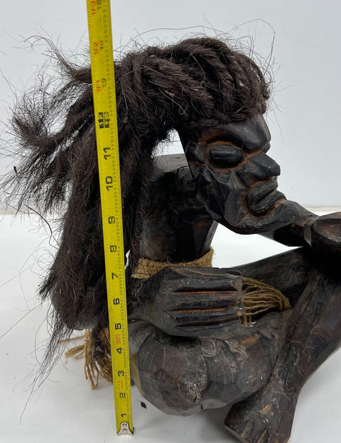 Vintage Barefoot Hand Carved Wood Tribal Figure Sculpture Seated 12" Folk Art