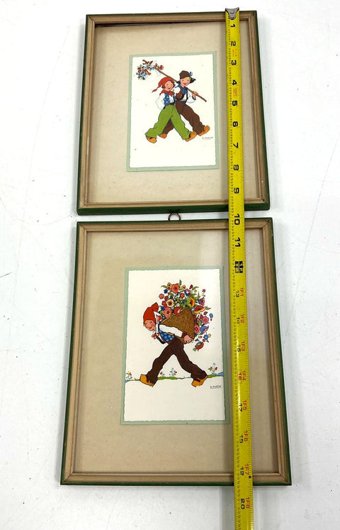 Vintage E. Martin Framed Print Lot 2 Mid-Century Folk Art Dutch Style Children