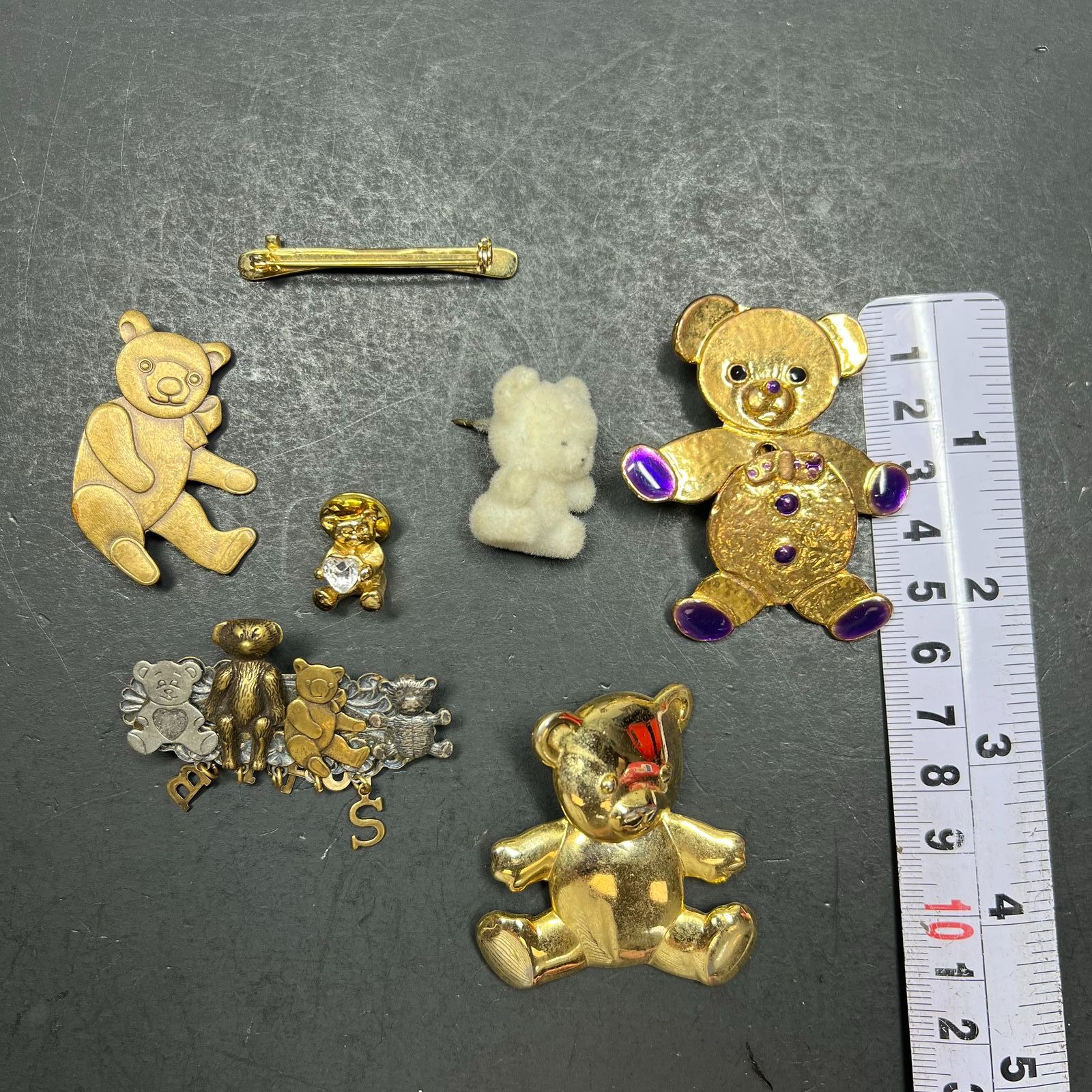 Vintage Teddy Bear Brooch Lot 7pc Napier Gold Tone Enamel Craft Pins Figural