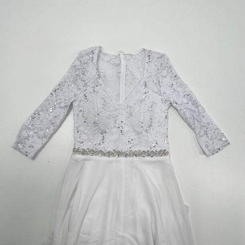 La Scala White Sequin Lace Bodice Rhinestone Formal Gown Dress Women's M