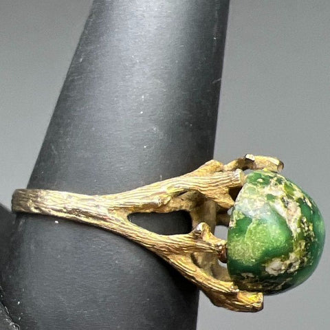 14K Yellow Gold Branches Setting Green Stone Ring Size 10 5.58g