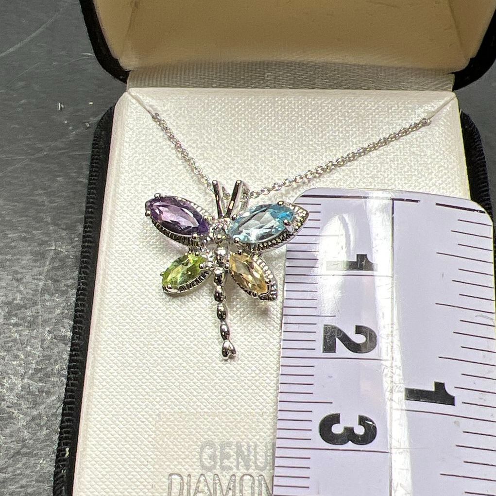 Platinum Over Sterling Silver Gemstone Dragonfly Necklace 3.28g NIB