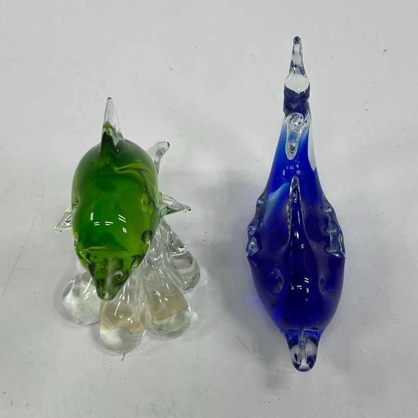 Vintage Murano Style Art Glass Dolphin Figurines Lot 2 Cobalt Blue Lime Green