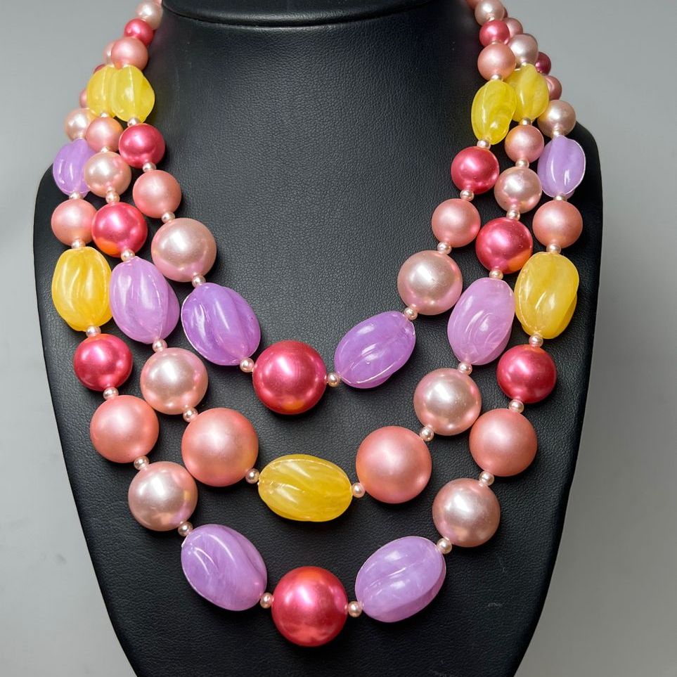 Vintage Style Pink Purple Yellow Beaded Multi-strand Necklace Costume Jewlery