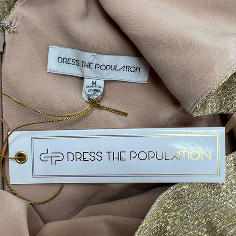 NWT Dress the Population Gold Metallic V-Neck A-Line Party Dress Women's Size M