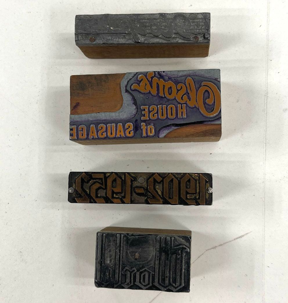 Vintage Wooden Print Stamp Blocks Lot "World 1902-1952 Olson's House of Sausage"