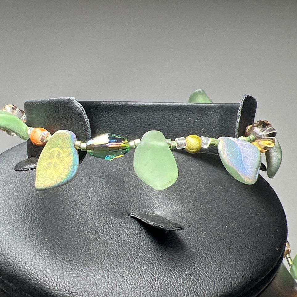 Donnabeth Mitchell Glass Leafy Beaded Bracelet & Necklace Sterling Chain Set