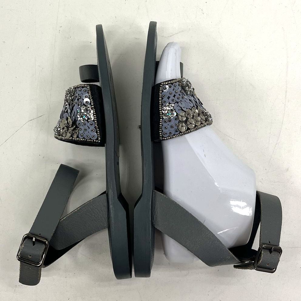 Free People Grey Beaded Sequin Ankle Strap Toe Loop Flat Sandals Size EU 37 US 7