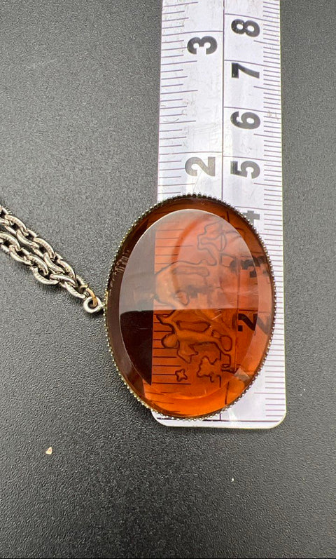 Vintage Silver Tone Amber Glass Venus & Cupid Intaglio Pendant Necklace 26"
