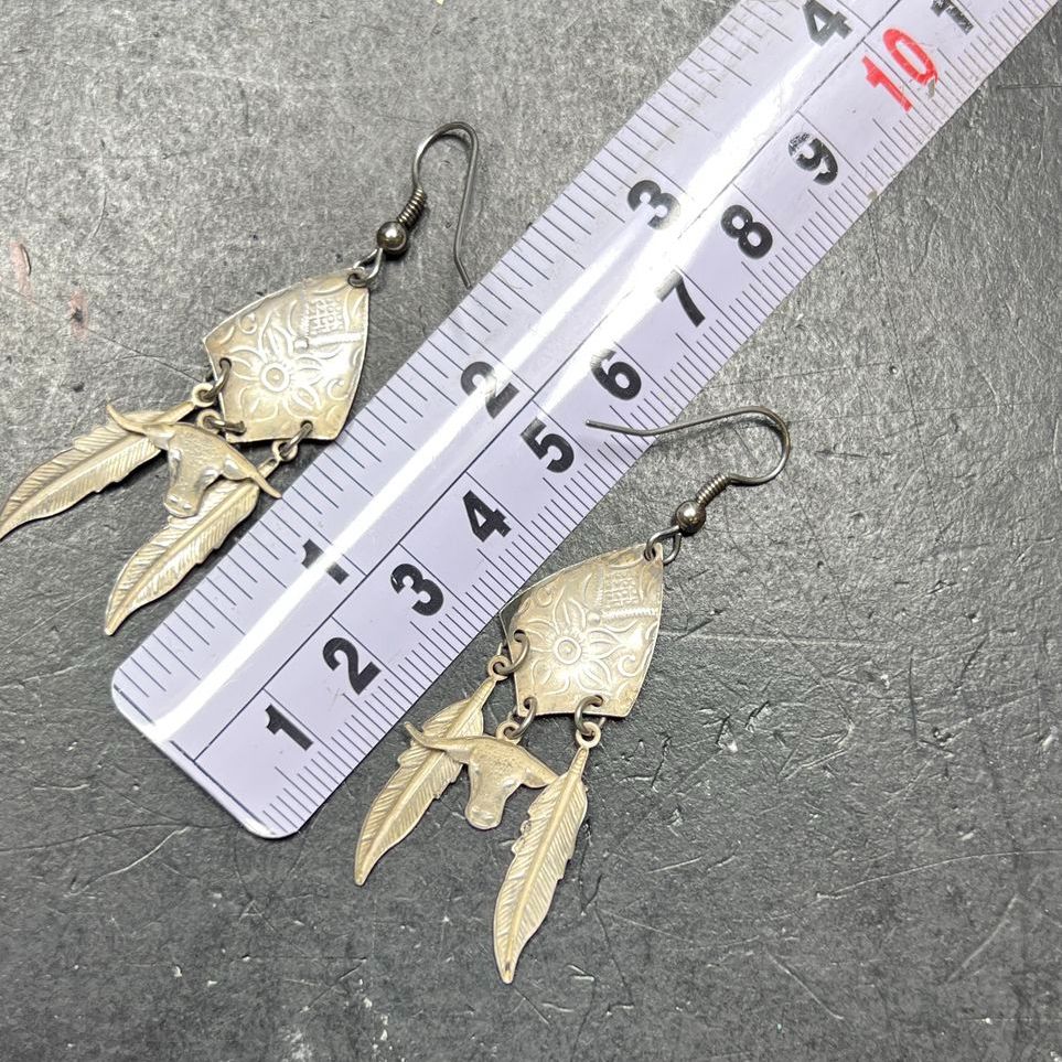 Sterling Silver Engraved Bull Feather Dangle Earrings 4.59g