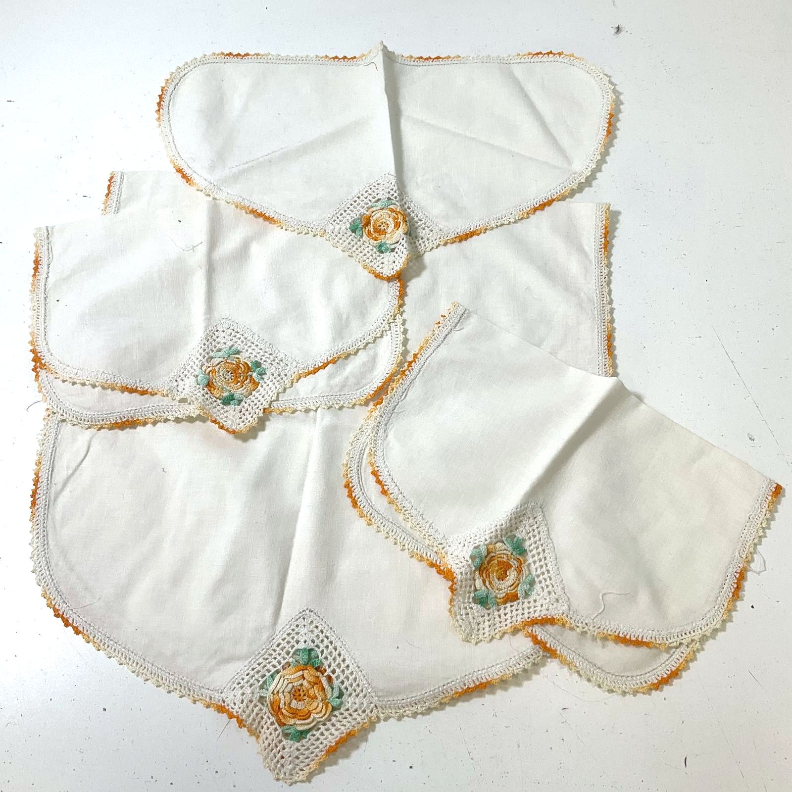 Vintage White Antimacassar & Runner Set Hand Crocheted Orange Rose Trim 4 Pieces