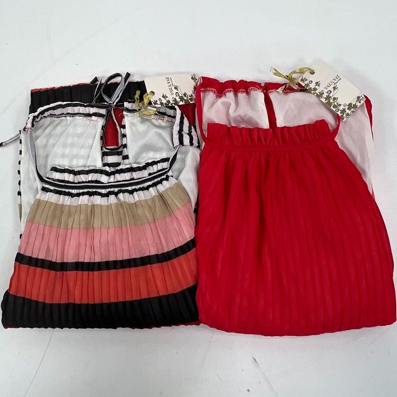 Vasna Desire Womens Lot 2 Pleated Maxi Dresses Size L NWT Red Striped Ombre
