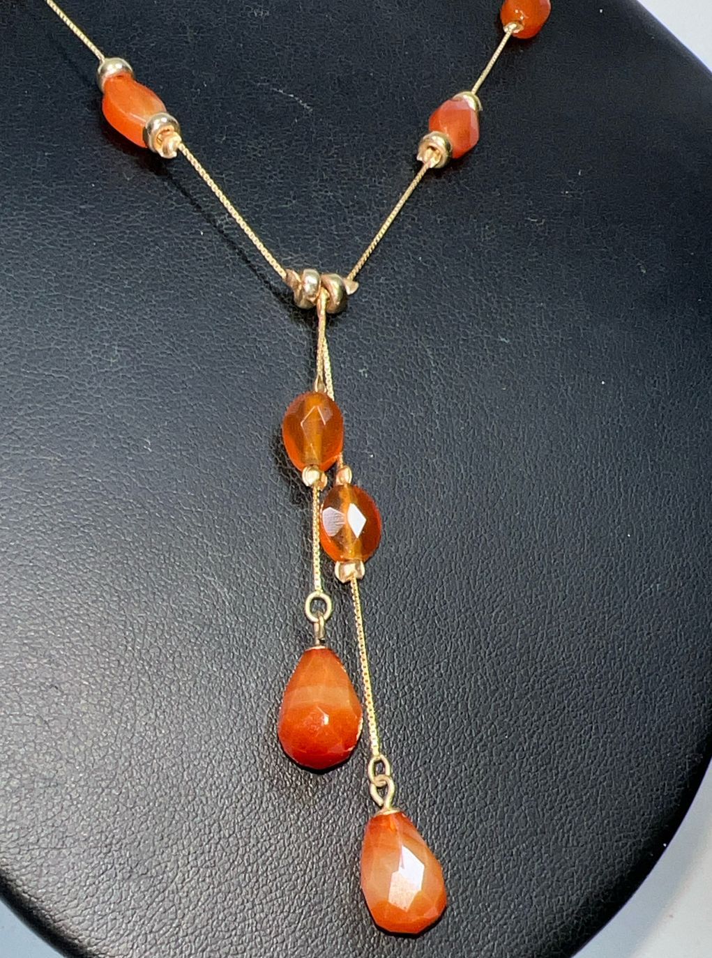 14K Yellow Gold Orange Beaded Y Drop Necklace 7.55g