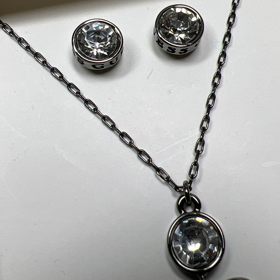 Guess Dark Metal Heart Rhinestone Necklace & Earrings Set NIB