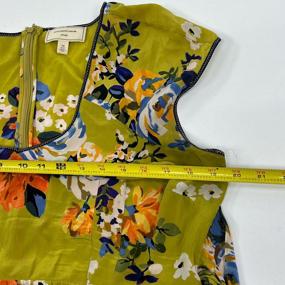 Women's Moulinette Soeurs Chartreuse Floral Silk Short Sleeve Dress - Size 14