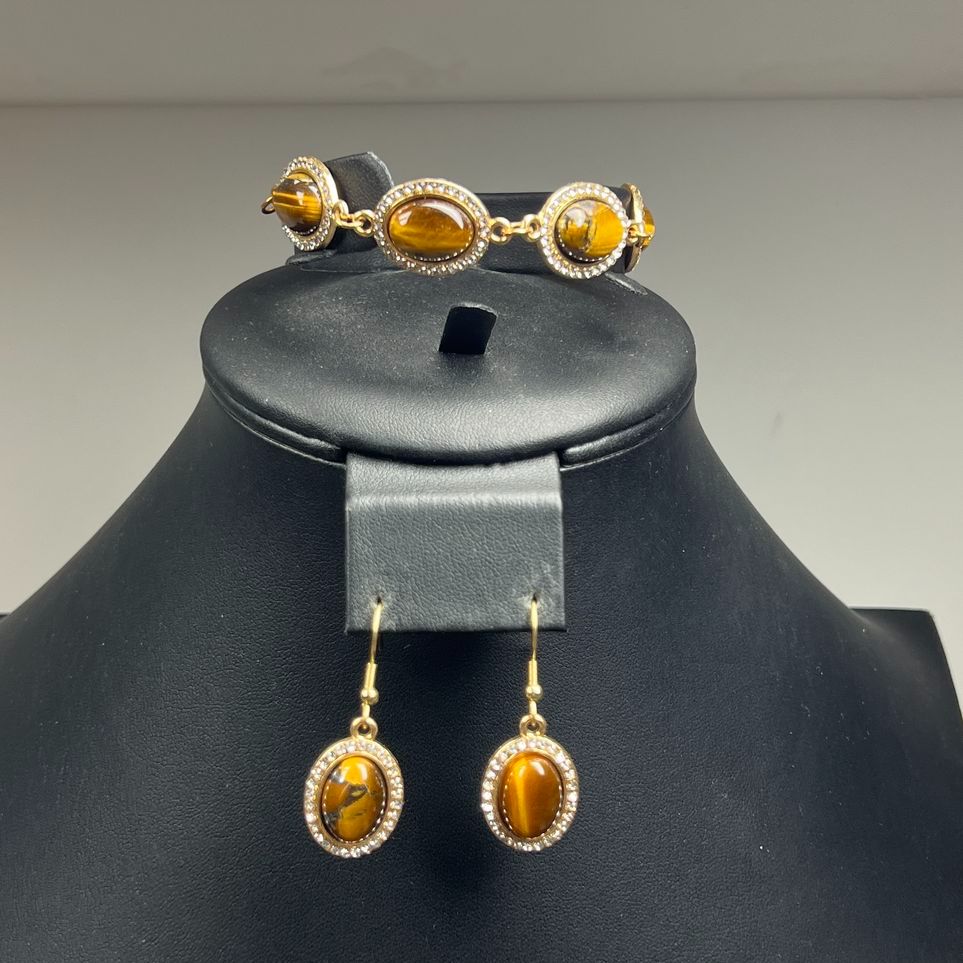 Yellow Tiger's Eye Bracelet & Earrings Set in Pouch New
