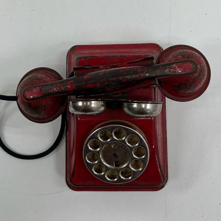 Collectible Vintage Children's Red Painted Metal Rotary Telephone Toy