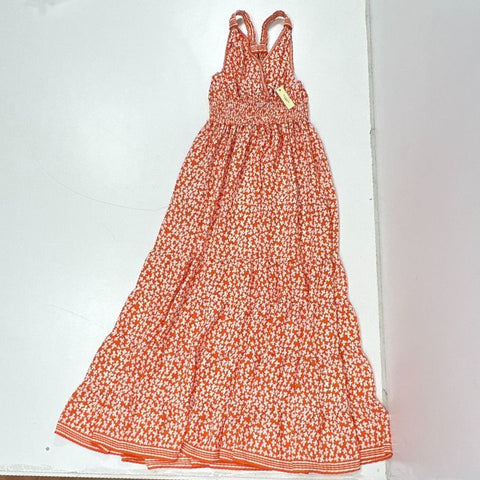 NWT Max Studio Orange White Floral Tiered Smocked Maxi Dress Women's Size S