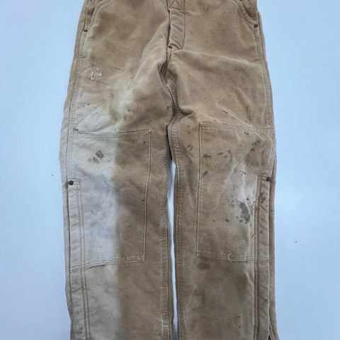 Carhartt Brown Quilt Lined Double Front Distressed Bib Overalls Kids Youth 26W